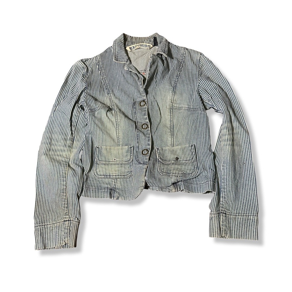 Express Denim Jacket Womens Small Blue Excellent Hickory Stripe Cropped Jean